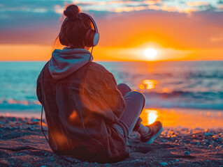 Wall Mural - A woman is sitting on the beach listening to music. The sun is setting in the background, creating a warm and peaceful atmosphere