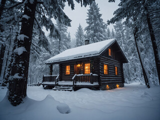 Wall Mural - Christmas cabin in a snowy forest, winter holiday wallpaper with snow-covered trees