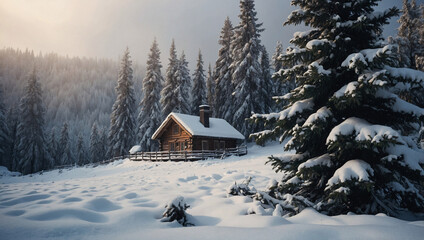 Wall Mural - Christmas wallpaper - vintage winter landscape with snow and fir trees, high contras