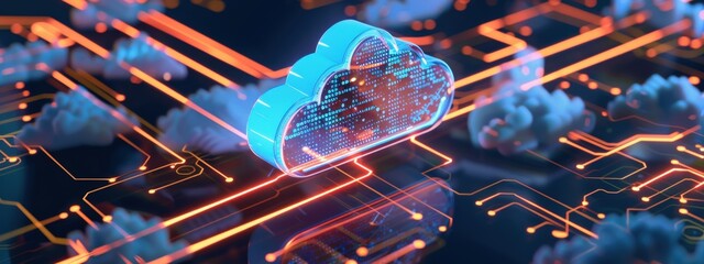 Poster - A cloud with a blue and orange design is on a circuit board