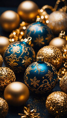 Christmas wallpaper with ornamental balls, glitter, and gold decorations. High contrast