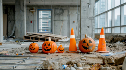 Halloween pumpkins and traffic cones in an unfinished building. Jack-o'-lanterns arranged on a construction site floor.