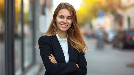 Young professional, happy, beautiful, smiling business woman, happy and confident entrepreneur, standing outdoors on the street, positive crossed arms, looking at camera.