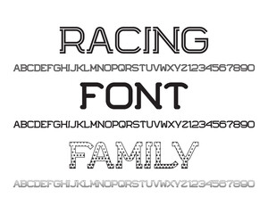 Leinwandbilder - Racing font family. Alphabets and numbers in three similar styles.