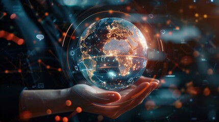 Poster - A hand is holding a globe with a lot of glowing lines and dots surrounding it. Concept of wonder and curiosity about the world and the vastness of the universe