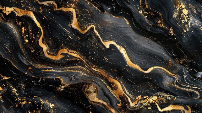 Abstract gold patterns on black marble, combining luxury and modern art in a fluid watercolor style