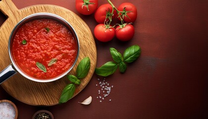 Wall Mural - Classic homemade Italian tomato sauce with basil for pasta and pizza in the pan on a wooden chopping board on brown background, top view.