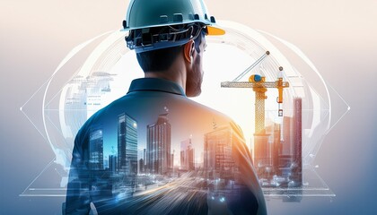 Future building construction engineering project concept with double exposure graphic design. Building engineer, architect people or construction worker working with modern civil equipment