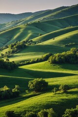 hills with scattered trees green sky background design with copy space