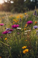 Wall Mural - meadow with colorful wildflowers background design with copy space