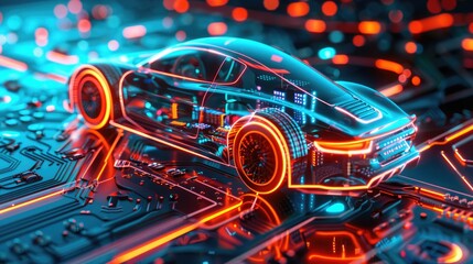 Poster - Advanced automotive technology illustrated by a futuristic car on a glowing circuit board, highlighting cybersecurity