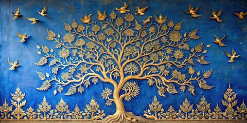  Blue wall with golden tree of life birds flying around in Thai/Lao art style, blue, wall, golden, tree of life, birds, flying