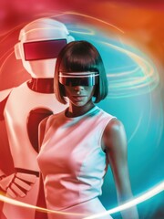 Canvas Print - A woman in a white shirt and sunglasses standing next to an android, AI