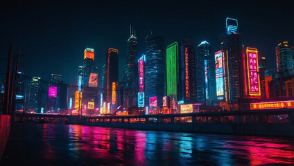 Poster - Cityscape with bright colors and neon lights, contemporary art wallpaper with ad copy space. High contrast