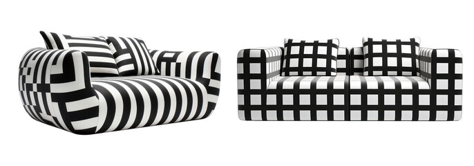 Two modern sofas with bold black and white geometric patterns, one striped and the other checkered, showcasing a contemporary design aesthetic.