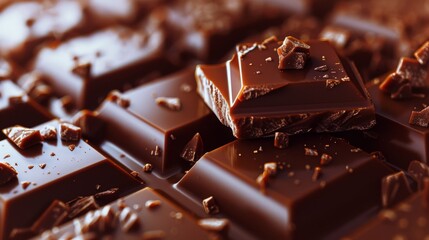 Poster - Macro shot of glossy chocolate bars with broken pieces. Rich food background for gourmet dessert concepts.