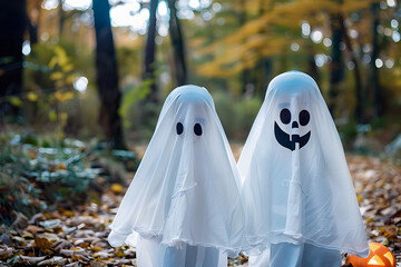 Sticker - Two Kids in Ghost Costume Celebrating Halloween