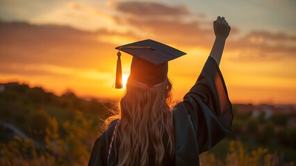 female graduate wearing black gown and black cap at university level. facing the afternoon sunlight with hands clasped upwards as a sign of success and achievement