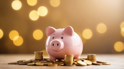 Savings concept: Piggy bank and gold coins with blurred golden bokeh background