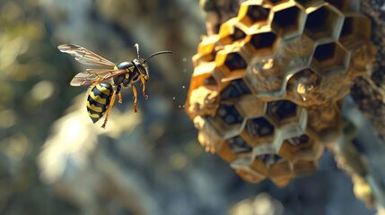 Sticker - Wasp Flying Near Its Nest 3D Illustration