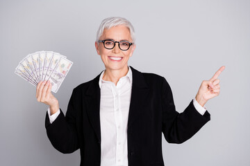 Sticker - Photo of pretty senior female professional entrepreneur money fan point empty space wear formalwear specs isolated on gray color background