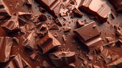 Poster - Aerial view of scattered dark chocolate pieces on a smooth surface. Great for food textures and sweet backgrounds.