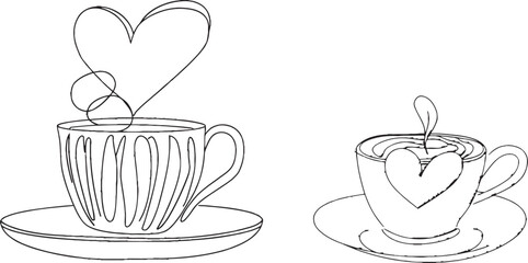 Fototapete - Intuitive drawing of coffee cup. Top view showing heart-shaped latte art and coffee beans on the saucer.