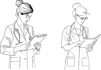 Fototapete - Drawing of young female doctor reading patient medical record on clipboard while standing at hospital hallway. Contemporary design of continuous line drawings of medical health care.