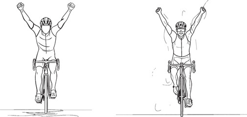 Poster - Sport lifestyle concept of young agile woman cyclist lifting hands in the air. Trendy one-line drawing design for cycling race promotion media.