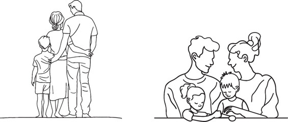 Aufkleber - Continually drawn one-line portrait of a group of people in different age groups. Couple, family portrait, friends, minimal contour illustration.
