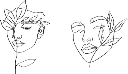 Poster - Continual line drawing of a woman's face with leaves.