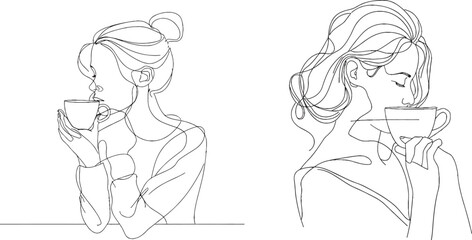 Poster - A close-up portrait of a pretty young woman smelling tea and coffee in a continuous line. An illustration for a modern design.