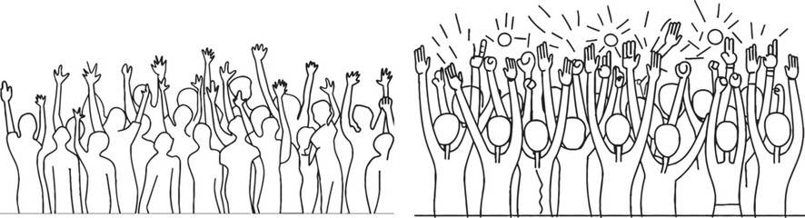 One line cartoon illustration of a cheering crowd. A continuous line of applause people.