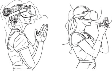 Aufkleber - Design of minimalist lineart of young girl with virtual reality glasses