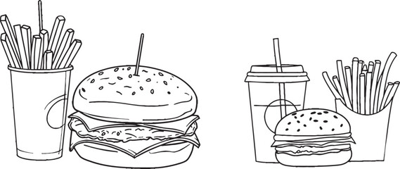 Leinwandbilder - An illustration of burgers, fries, and soda in continuous line art style. Modern illustration of fast food on a white background.