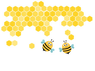 Wall Mural - Beehive honey sign with hexagon grid cells and bee cartoons icon isolated on white background vector.