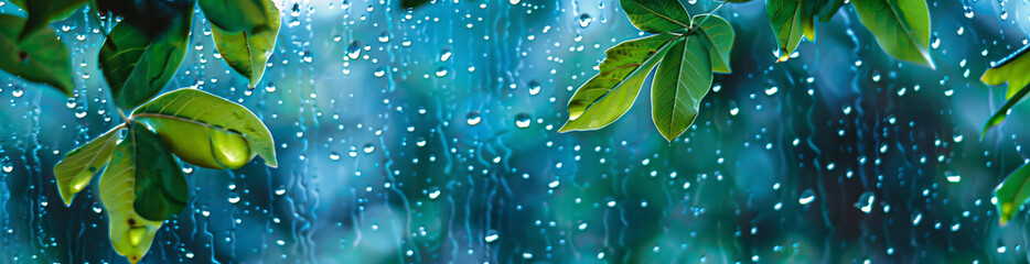 rainy window with blurred raindrops and a green leaf in the foreground, watercolor, light blue and turquoise colors, banner design


