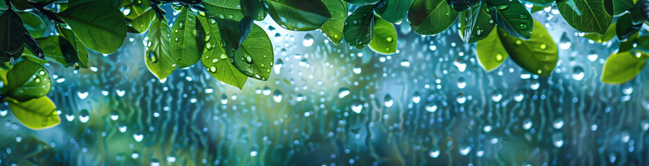 Wall Mural - rainy window with blurred raindrops and a green leaf in the foreground, watercolor, light blue and turquoise colors, banner design


