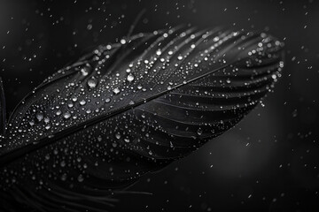 Poster - Black feather with water drops on dark background, close-up. High resolution photography in the style of a fashion magazine. Black and white colors.