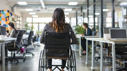 Aufkleber - Professional woman in a wheelchair working at a desk in a spacious modern office. Highlights workplace inclusion and accessibility.