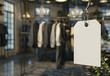 © sornram - Blank price tag hanging in a stylish clothing store with blurred background, perfect for showcasing retail and sale concepts.