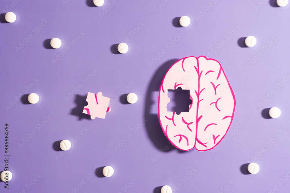 Human brain anatomy missing a piece of jigsaw puzzle with medicine ...