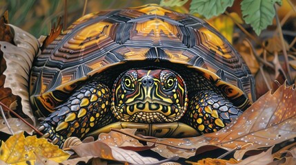 Poster - Realistic Illustration of a Turtle in Fall Leaves