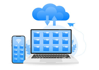 Poster - Cloud computing concept, data center, file management. Cloud storage. Upload and download data, file management. Vector illustration