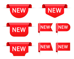 Poster - New stickers with tags for the store. Red vector banner ribbon new labels or advertising posters isolated on white background. Vector illustration