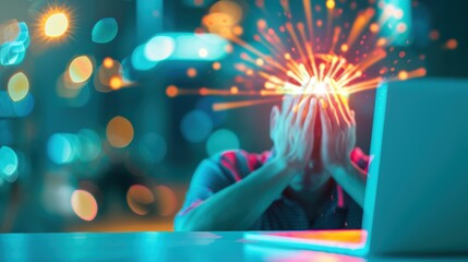 Canvas Print - A stressed individual holding their head in their hands while looking at a laptop, illustrating the emotional impact of falling victim to a phishing scam and the importance of cybersecurity.