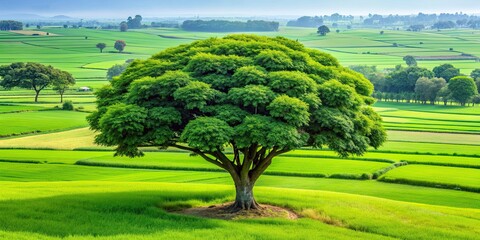 Lush green kari tree overlooking vibrant cropland below, village, beauty, nature, landscape, scenery, tree, green