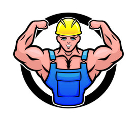 Sticker - Round icon with a muscular worker in a hard hat on a white background.