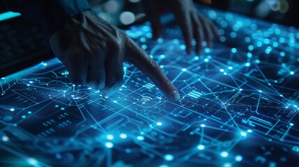 Aufkleber - A boy creates a digital network with a touch pen on a holographic screen. Data sets, nodes, connections and nodes are all shown on the screen.