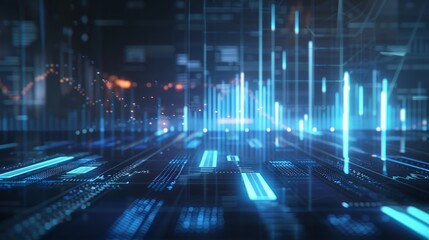 Poster - Blue and white digital technology bar charts. A grid and hi-tech style hud element also appear. The camera moves with depth of field. 4K animation quality.